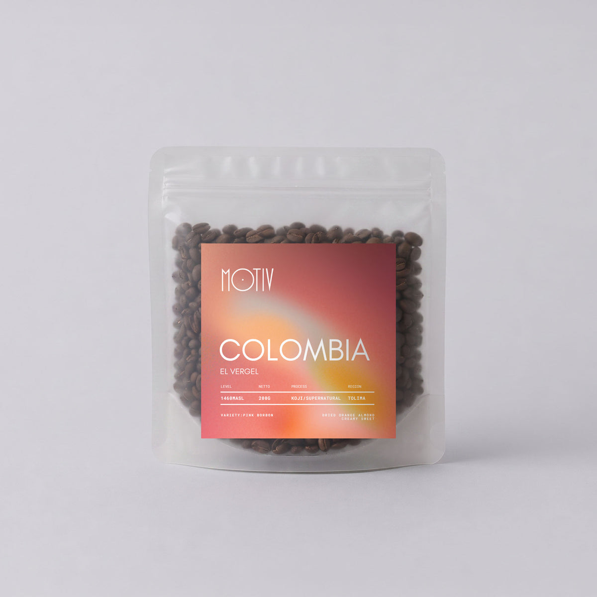 Bag of MOTIV Colombia El Vergel specialty coffee, Koji/Supernatural process