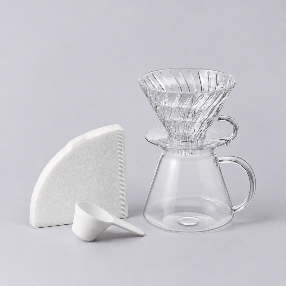 Hario V60 glass dripper, server, filters and measuring spoon set