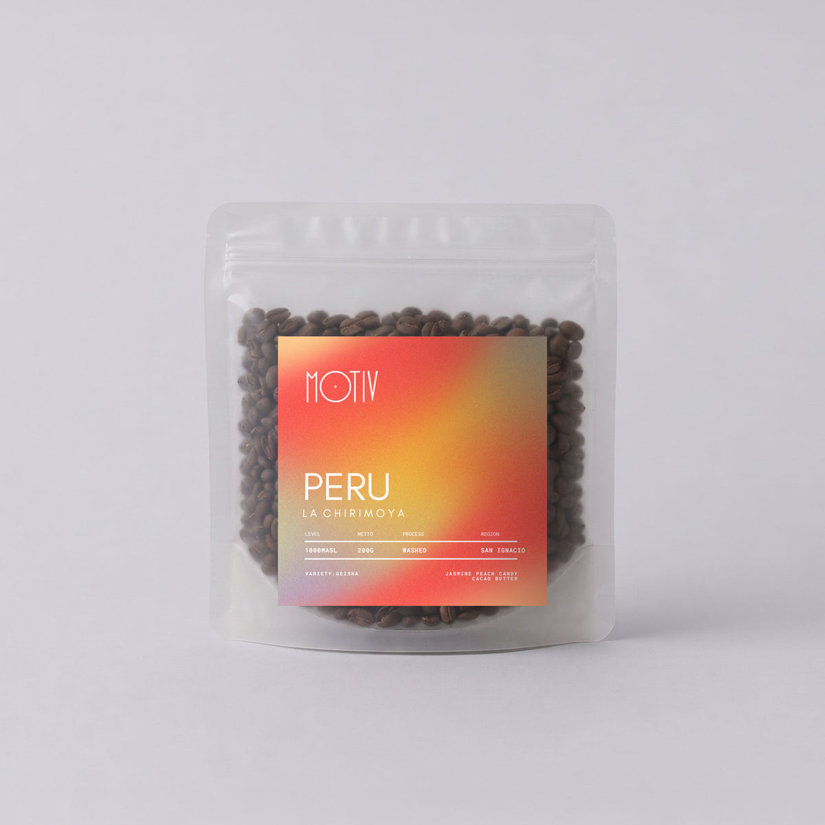 Bag of MOTIV Peru La Chirimoya specialty coffee, Geisha washed process