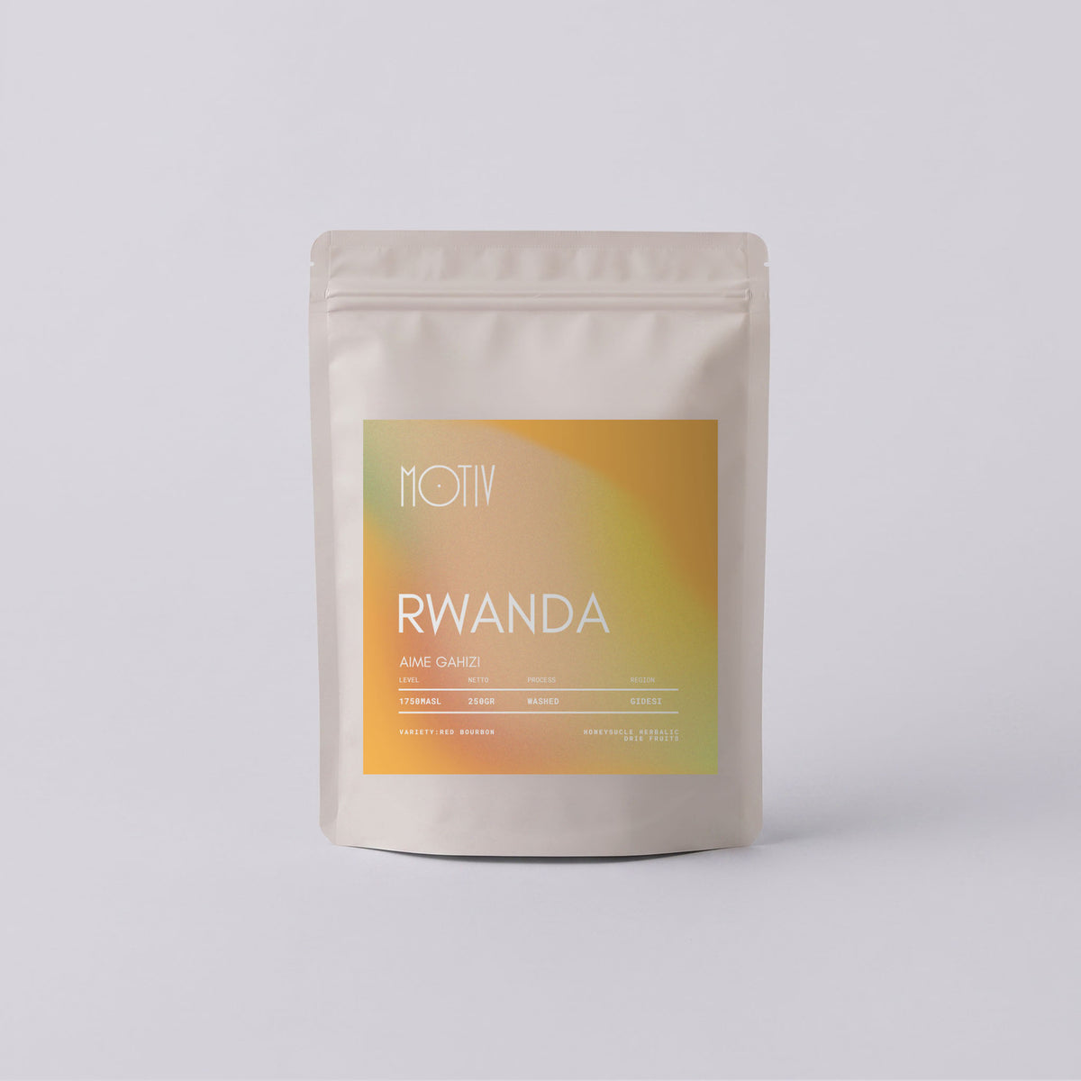 Bag of MOTIV Rwanda Aime Gahizi specialty coffee, Gitesi washed process
